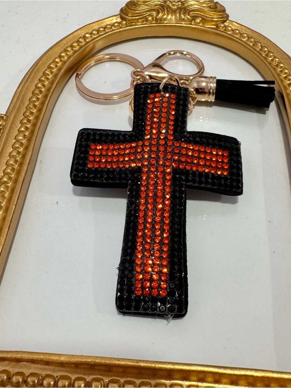 New Black and Orange Crystal Cross Keychain with Tassel